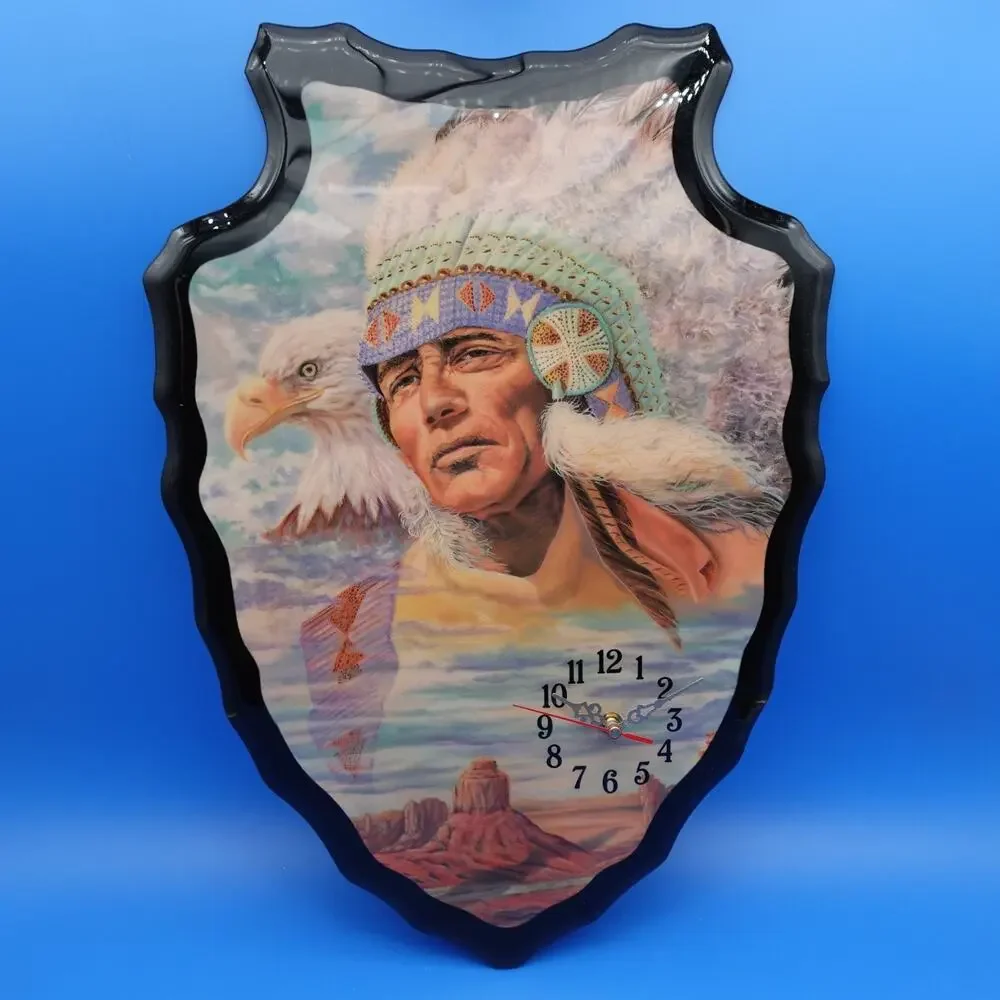 Native American Chief Eagle Arrowhead Wall Clock Quartz Battery Operated 21x15